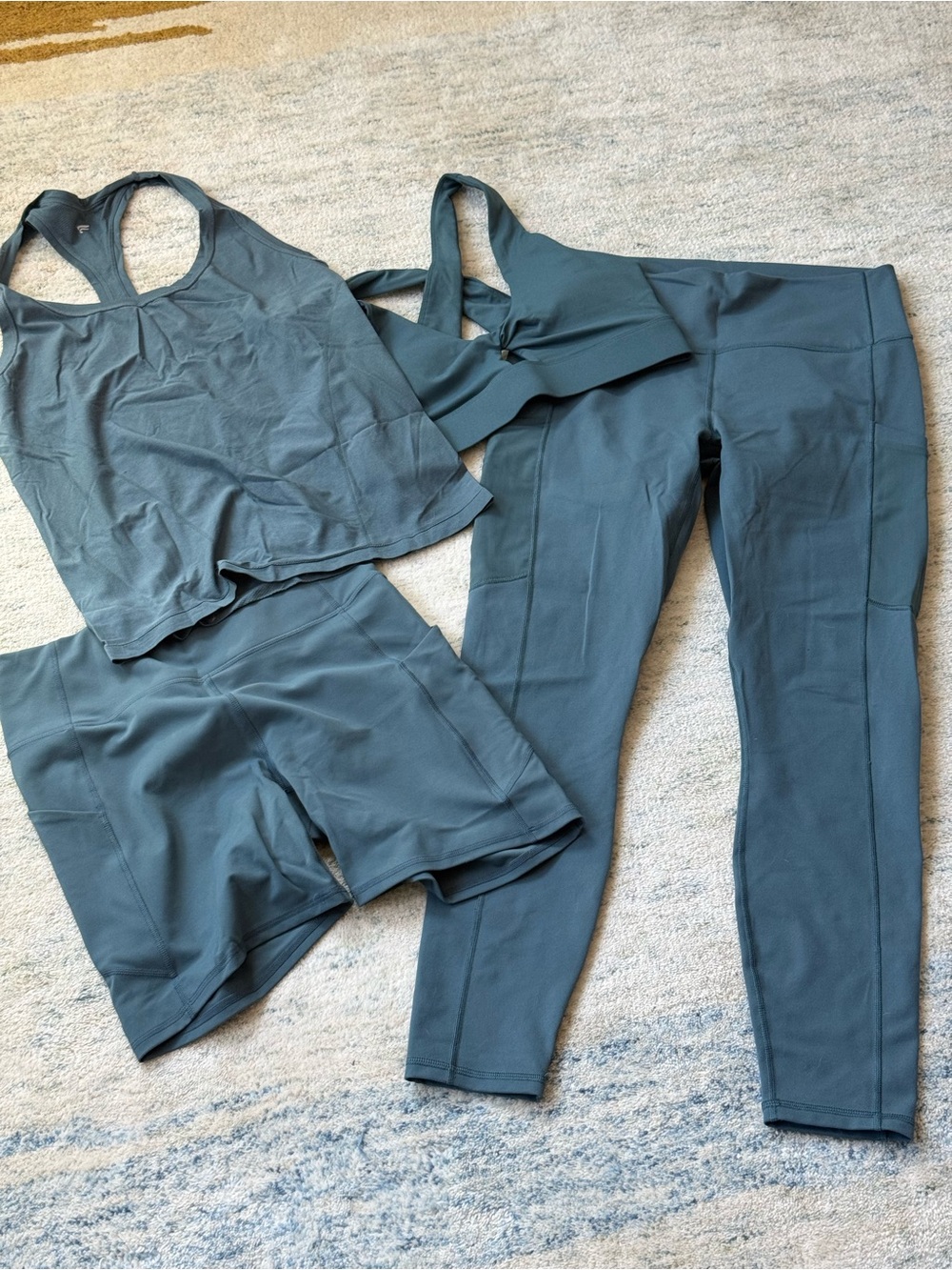 Fabletics Slate Blue Four Piece Set — Leggings, Shorts & Support Tank - NWOT